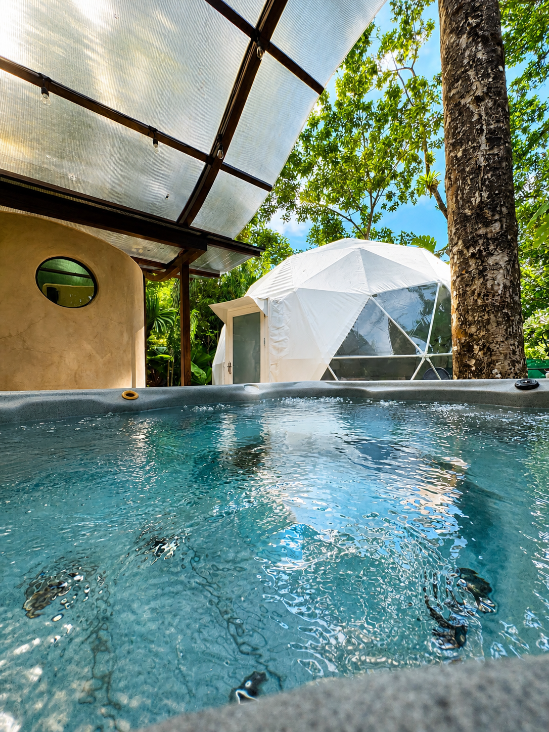 Glamping dome tucked into tropical foliage with red ginger blooms.