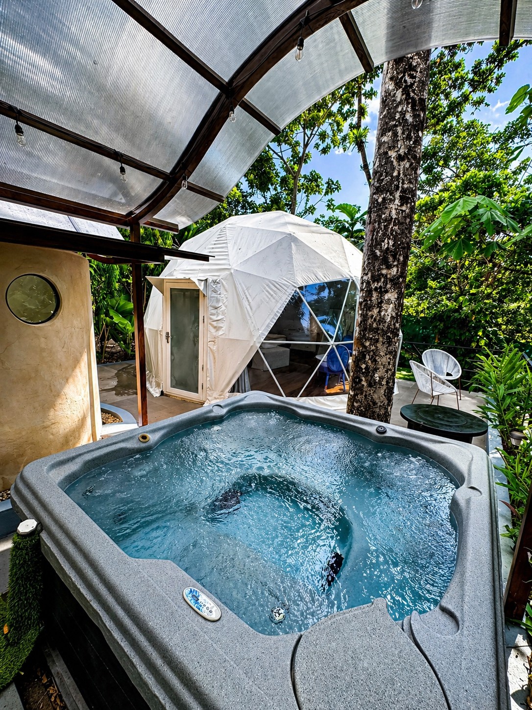 Private outdoor jacuzzi beside the dome under the rainforest canopy.