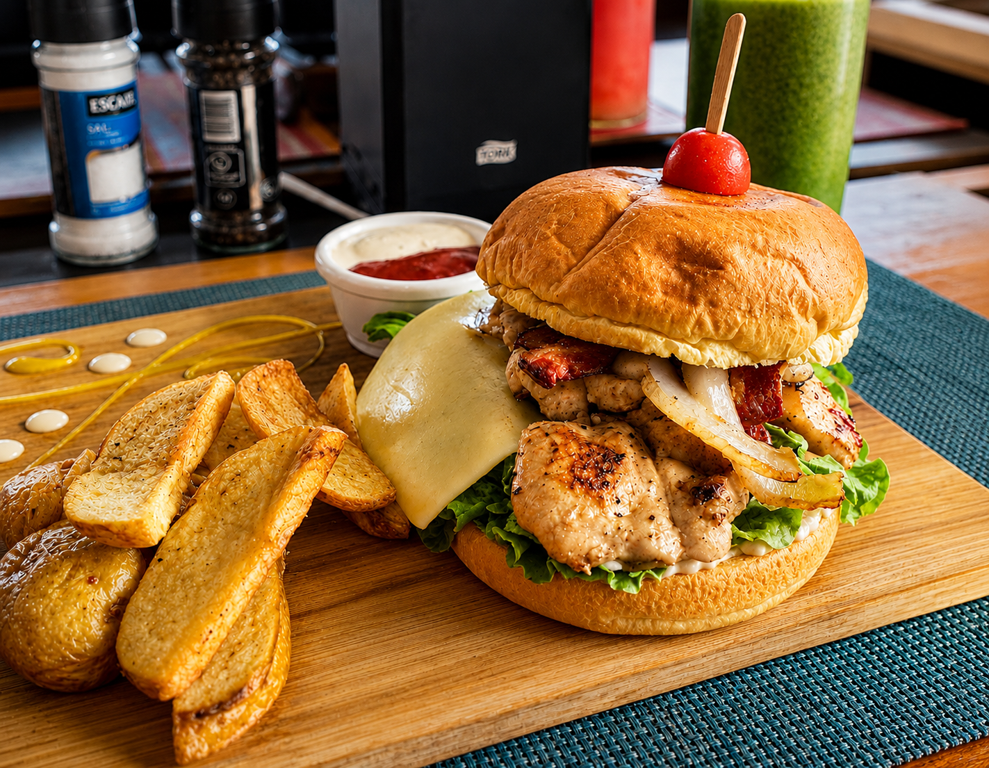 Chicken burger with grilled onions, bacon, and melted cheese served with potato wedges.