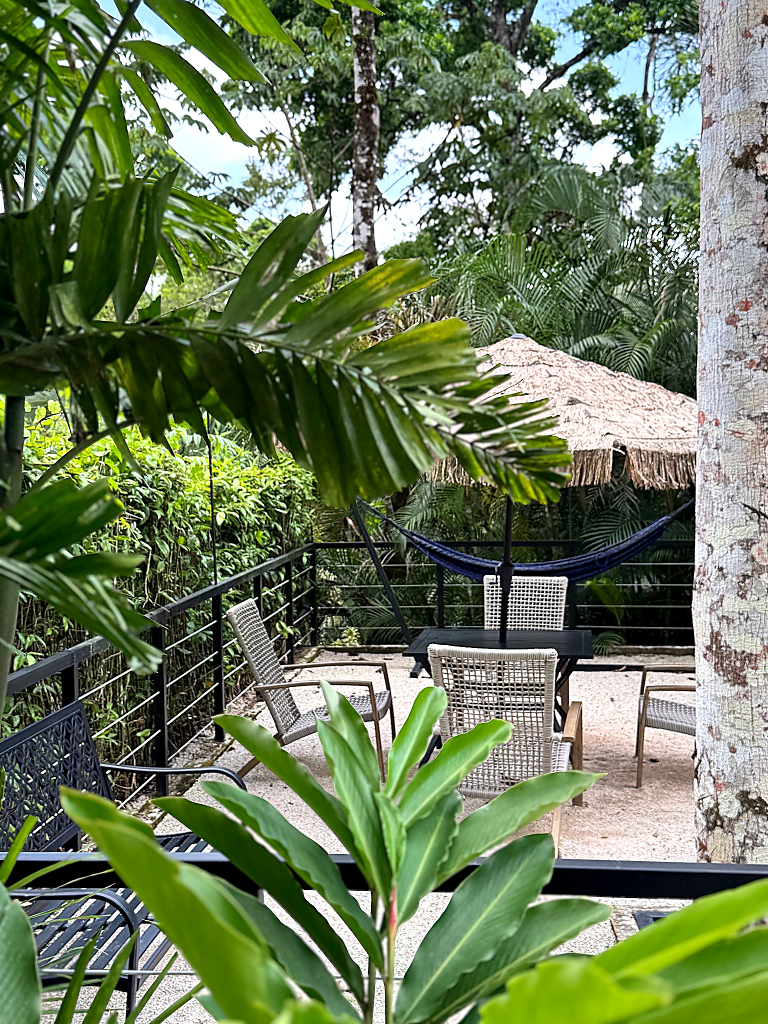 Private deck with wicker lounge and hammock overlooking the jungle.